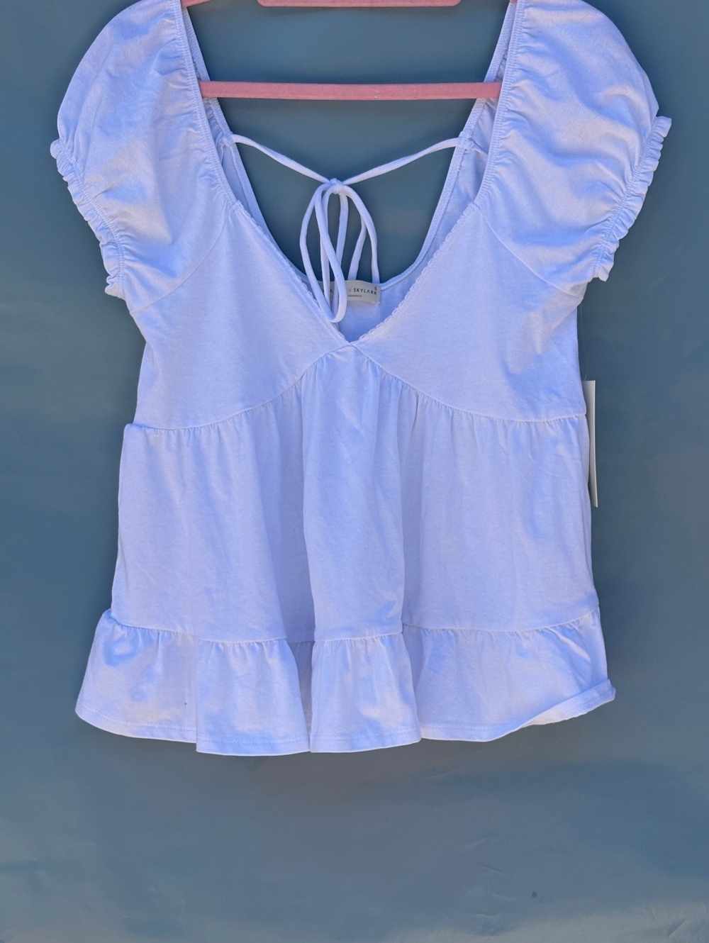White Ruffle Sleeve Babydoll Tie Back Hem Top with Back Tie